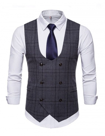 Double Breasted Vests Grey Plaid